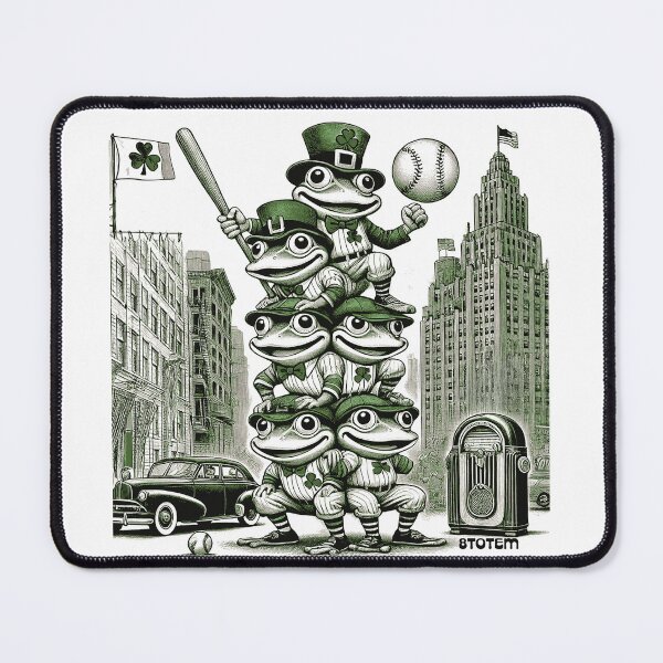 Item preview, St. Patrick’s Day Frogs dressed in shamrock-decorated vintage baseball uniforms designed and sold by 8Totem.