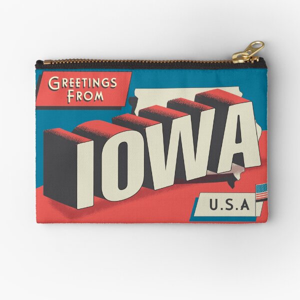 Item preview, Greetings from Iowa retro travel postcard design with state map and patriotic American Flag designed and sold by Jdawnink.