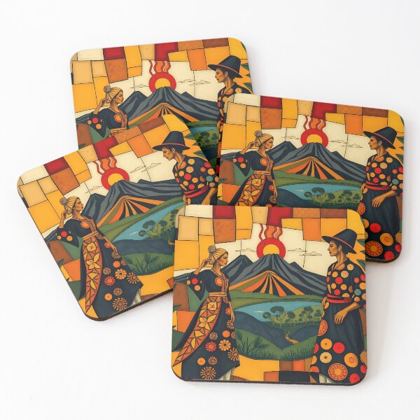 Item preview, Two Indigenous Central American Women on Volcanic Cubism Landscape  designed and sold by El Alkimizta Art Store.
