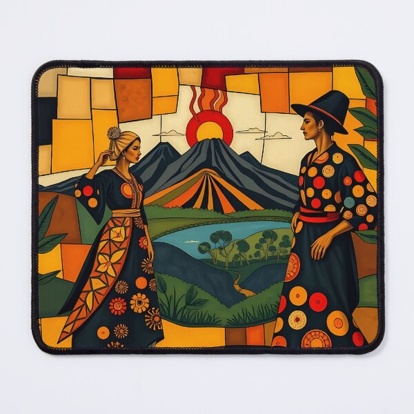 Item preview, Two Indigenous Central American Women on Volcanic Cubism Landscape  designed and sold by El Alkimizta Art Store.