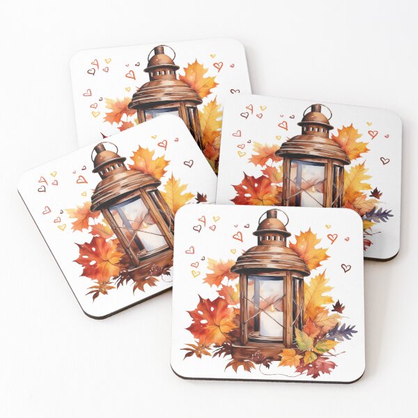 Item preview, “Falling for you” Autumn/Fall lantern, leaves and love hearts home decor designed and sold by Chestnut Falls Studio.