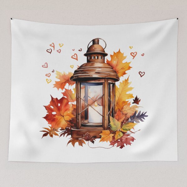 Item preview, “Falling for you” Autumn/Fall lantern, leaves and love hearts home decor designed and sold by Chestnut Falls Studio.
