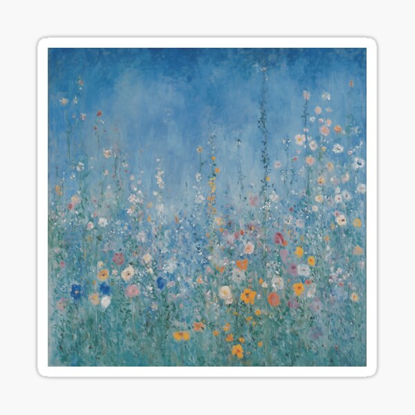 Vista previa del artículo con la obra «Pintura al óleo de un campo de flores abstracto y colorido con cielo azul», diseñado y vendido por JoBella-Designs.