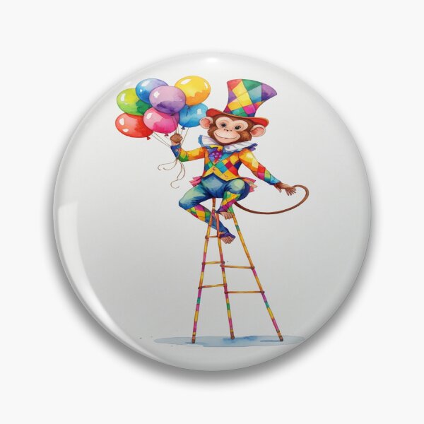 Item preview, Cartoon Jester Monkey on Stilts with Colorful Balloons – Whimsical Circus Art designed and sold by Geddit Designs.
