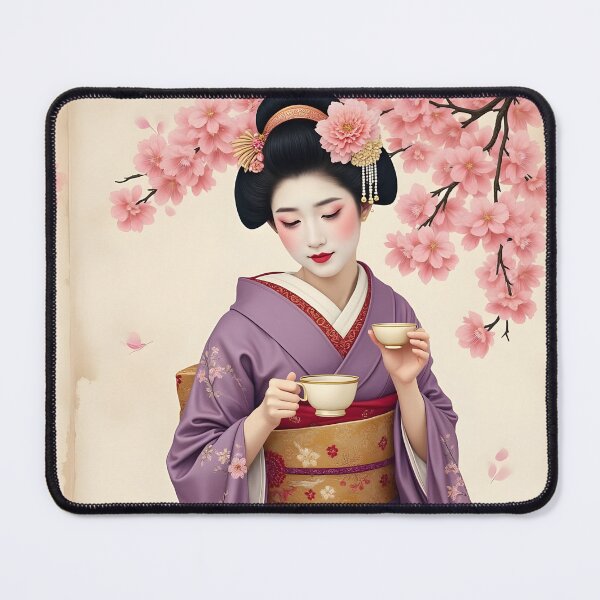Aperçu de l'œuvre Geisha, Geisha japonaise, kimono violet, sakura, cérémonie du thé paisible, coiffure japonaise, créée et vendue par Coolparrotgirl.