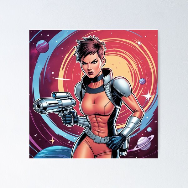 Item preview, Cool Space Heroine scifi art painting cool 50s style science fiction art poster designed and sold by Vintage Designs +.