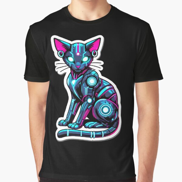 Vista previa del artículo con la obra «Cyberpunk Neon Robotic Cat Futuristic Design», diseñado y vendido por TeeStick.