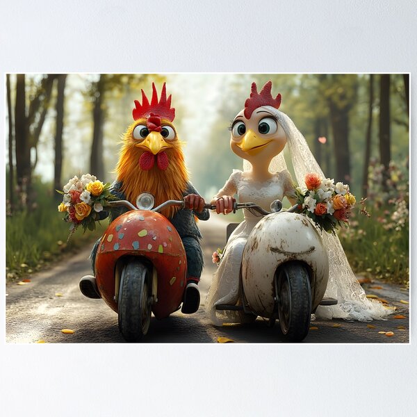 Item preview, Chickens on Scooters: Whimsical Wedding Adventure Scene designed and sold by Artessie.