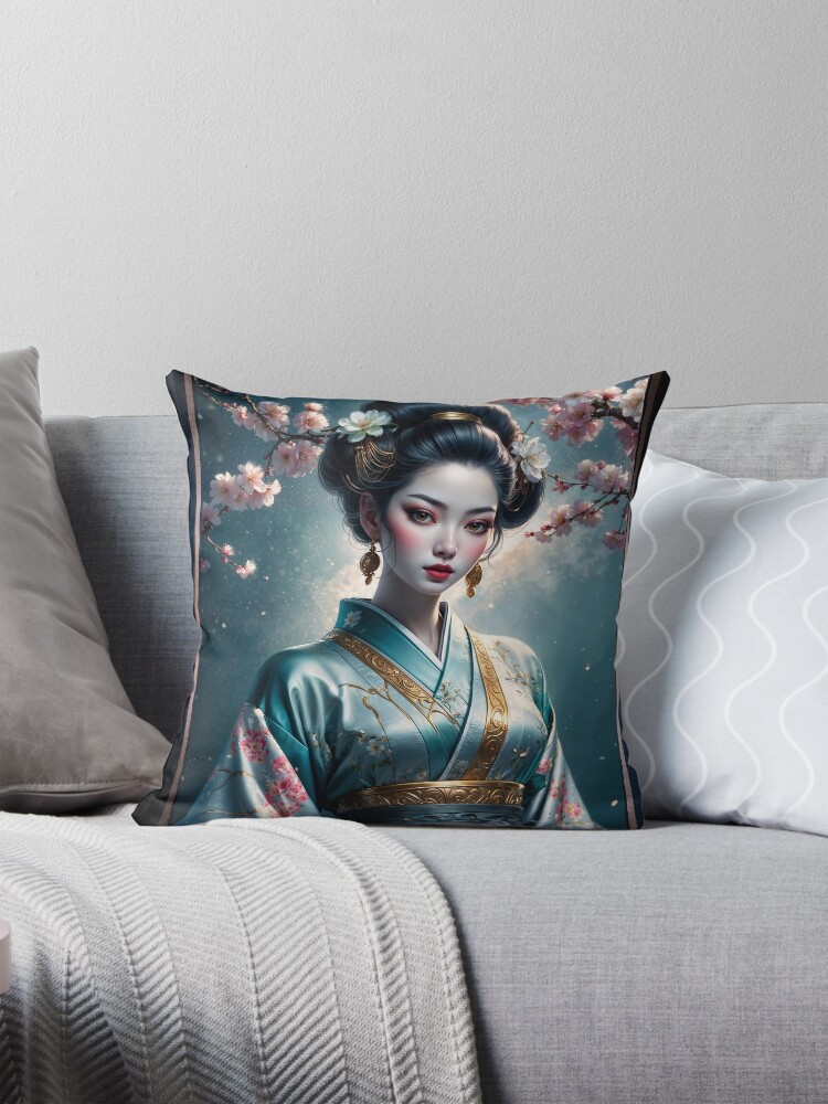 A Portrait Of The Elegant Beauty Ayumi Nishizawa, Beneath Moonlit Blossoms Enchanting AI Concept Art by Xzendor7 Decorative Art Print Throw Pillow