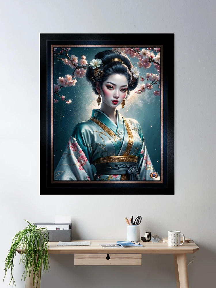 A Portrait Of The Elegant Beauty Ayumi Nishizawa, Beneath Moonlit Blossoms Enchanting AI Concept Art by Xzendor7 Room Decor Poster Art Print