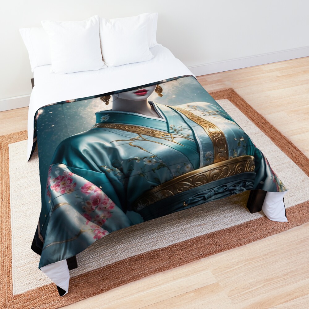 A Portrait Of The Elegant Beauty Ayumi Nishizawa, Beneath Moonlit Blossoms Enchanting AI Concept Art by Xzendor7 Decorative Art Print Comforter