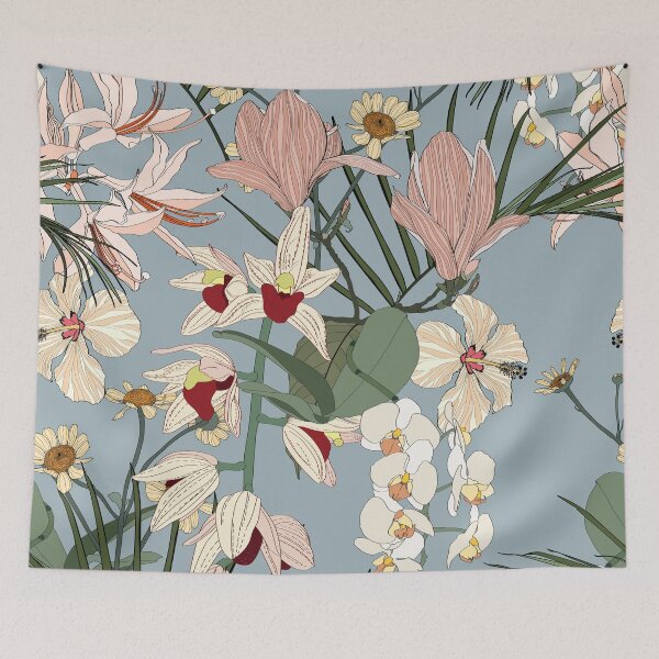 Item preview, Vintage colors seamless tropical pattern with colorful garden flowers and orchids, magnolia on blue background. designed and sold by MatyKotiv.