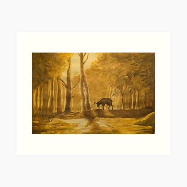 Vista previa del artículo con la obra «Impresión de bosque dorado en acuarela», diseñado y vendido por limeartichoke.