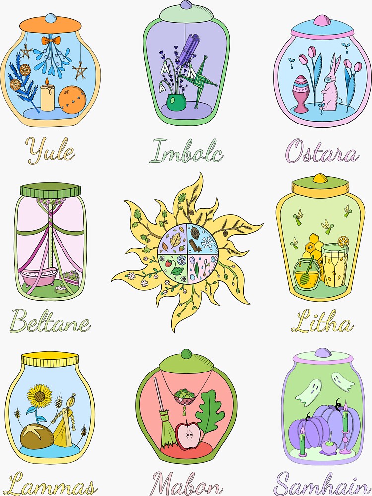 Thumbnail 3 of 3, Sticker, wheel of the year witches pagan sabbats jars designed and sold by indiVisibl.
