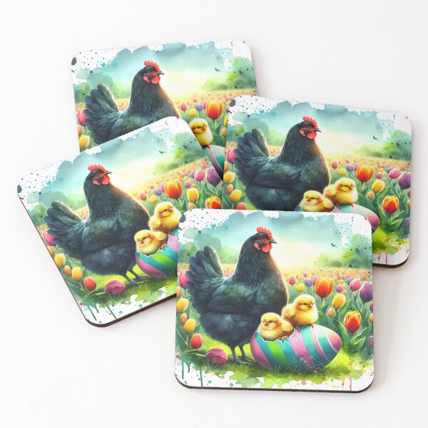 Item preview, Cute little yellow chicks in a cracked colorful easter egg with thei black hen mother in a spring tulip garden watercolor aquarelle painting designed and sold by EmeraldeaArt.