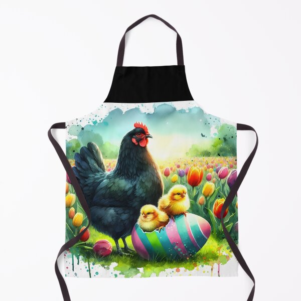 Item preview, Cute little yellow chicks in a cracked colorful easter egg with thei black hen mother in a spring tulip garden watercolor aquarelle painting designed and sold by EmeraldeaArt.
