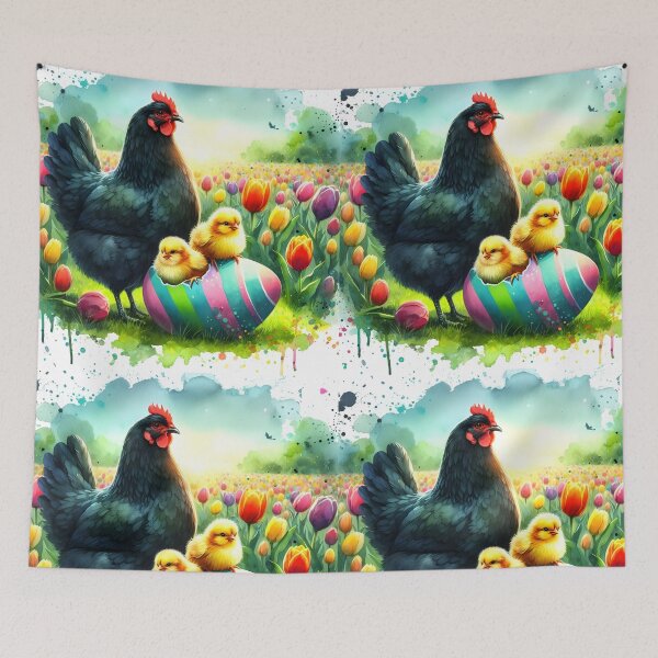 Item preview, Cute little yellow chicks in a cracked colorful easter egg with thei black hen mother in a spring tulip garden watercolor aquarelle painting designed and sold by EmeraldeaArt.