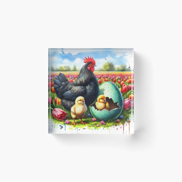 Item preview, Easter chicken family watercolor art in a spring tulip garden with crackled easter egg designed and sold by EmeraldeaArt.