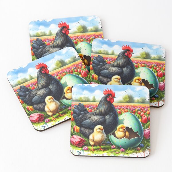 Item preview, Easter chicken family watercolor art in a spring tulip garden with crackled easter egg designed and sold by EmeraldeaArt.
