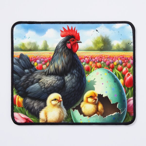 Item preview, Easter chicken family watercolor art in a spring tulip garden with crackled easter egg designed and sold by EmeraldeaArt.