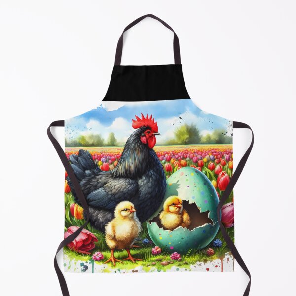 Item preview, Easter chicken family watercolor art in a spring tulip garden with crackled easter egg designed and sold by EmeraldeaArt.
