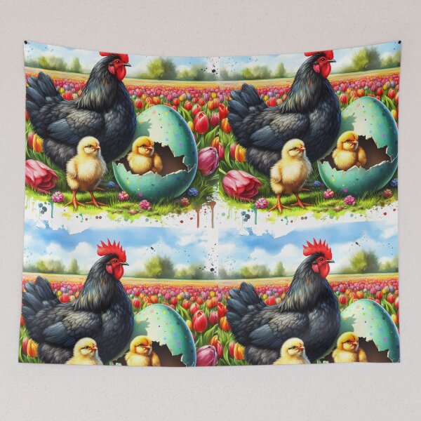 Item preview, Easter chicken family watercolor art in a spring tulip garden with crackled easter egg designed and sold by EmeraldeaArt.