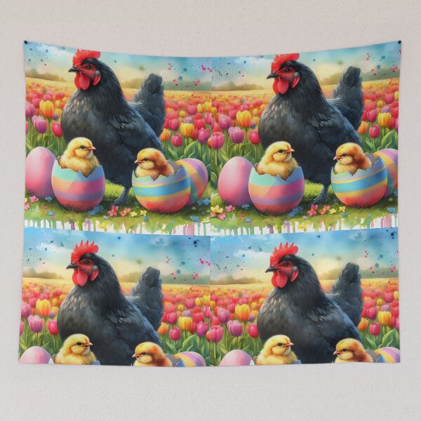 Item preview, Two little chickens in cracked striped easter eggs with a big black han aquarelle art designed and sold by EmeraldeaArt.