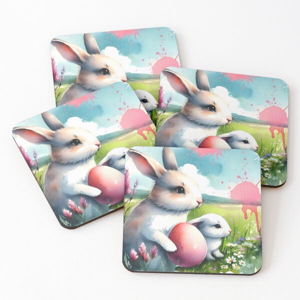 Item preview, Two cute fluffy white bunnies holding one pink easter egg on a meadow watercolor splashy art designed and sold by EmeraldeaArt.