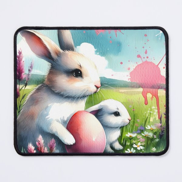 Item preview, Two cute fluffy white bunnies holding one pink easter egg on a meadow watercolor splashy art designed and sold by EmeraldeaArt.