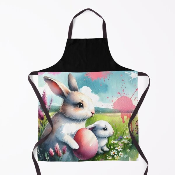 Item preview, Two cute fluffy white bunnies holding one pink easter egg on a meadow watercolor splashy art designed and sold by EmeraldeaArt.