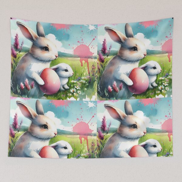 Item preview, Two cute fluffy white bunnies holding one pink easter egg on a meadow watercolor splashy art designed and sold by EmeraldeaArt.