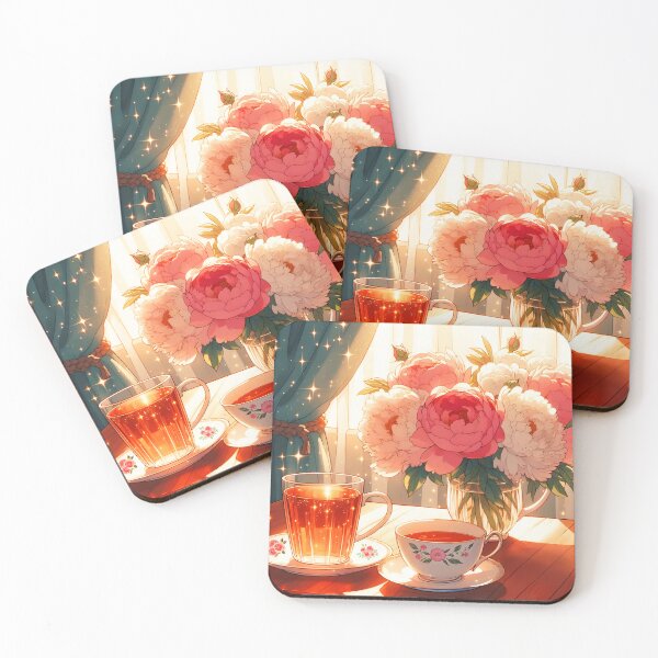 Item preview, A vintage cup of tea and a glass and a vase with peonies on a table in front of a window and magical sparklings in the air Lofi style warm drink art designed and sold by EmeraldeaArt.