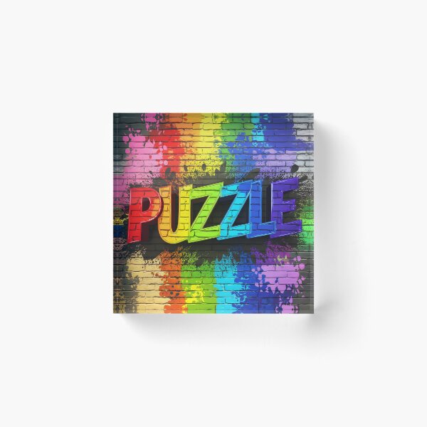 Item preview, Puzzle text in colorful letters sprayed onto a brick wall digitalart designed and sold by EmeraldeaArt.