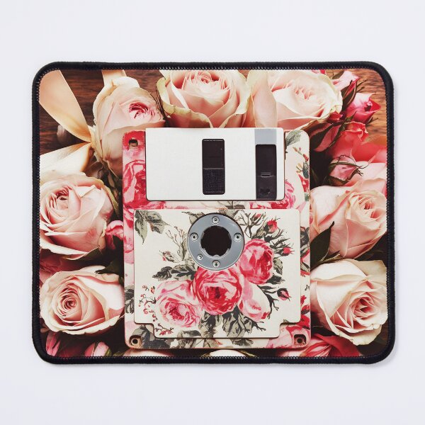 Item preview, vintage rose patterned oldschool floppy disc placed into pastel roses on a wooden table designed and sold by EmeraldeaArt.