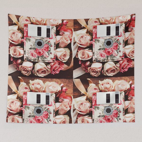 Item preview, vintage rose patterned oldschool floppy disc placed into pastel roses on a wooden table designed and sold by EmeraldeaArt.