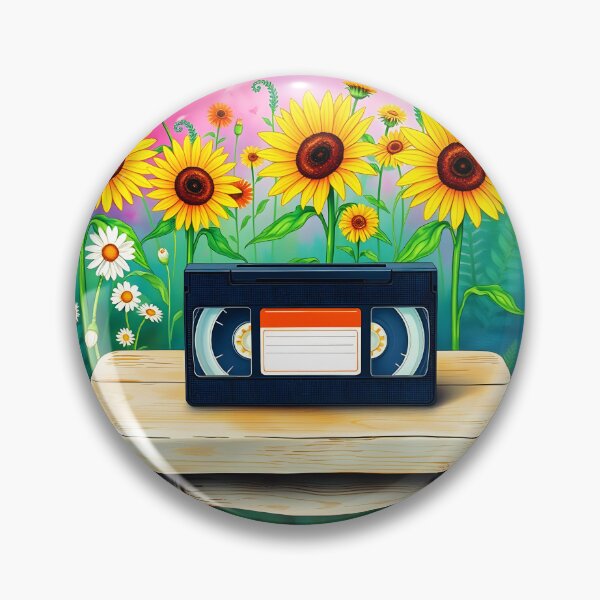 Item preview, Old VHS cassete placed outdoor on a wooden chair in summer with a sunflowers floral garden backdrop watercolor art designed and sold by EmeraldeaArt.