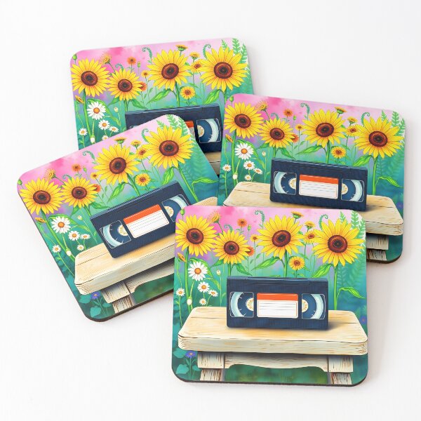 Item preview, Old VHS cassete placed outdoor on a wooden chair in summer with a sunflowers floral garden backdrop watercolor art designed and sold by EmeraldeaArt.
