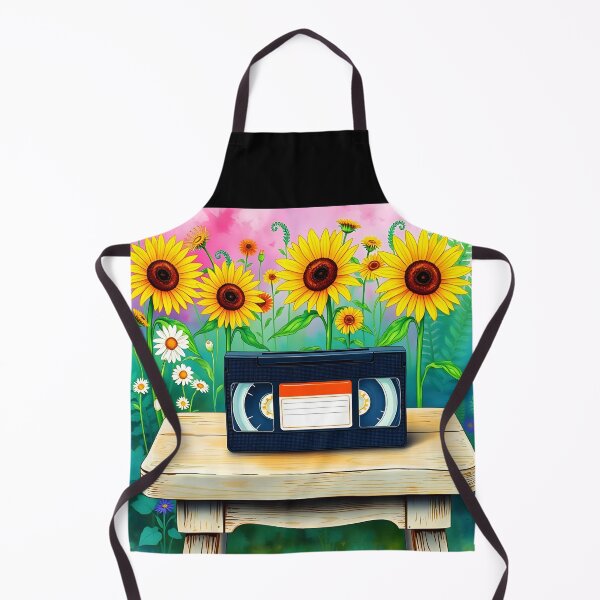 Item preview, Old VHS cassete placed outdoor on a wooden chair in summer with a sunflowers floral garden backdrop watercolor art designed and sold by EmeraldeaArt.