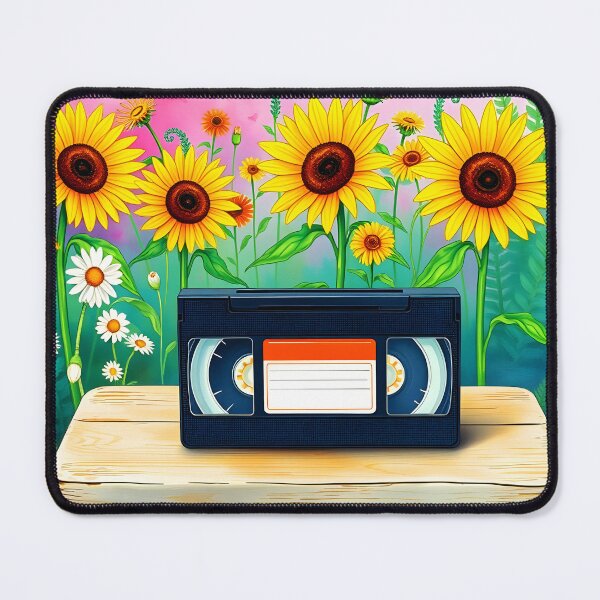 Item preview, Old VHS cassete placed outdoor on a wooden chair in summer with a sunflowers floral garden backdrop watercolor art designed and sold by EmeraldeaArt.