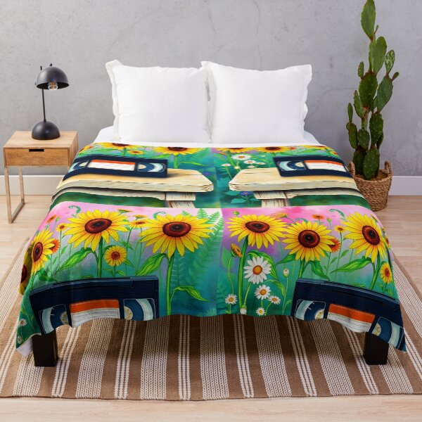 Item preview, Old VHS cassete placed outdoor on a wooden chair in summer with a sunflowers floral garden backdrop watercolor art designed and sold by EmeraldeaArt.