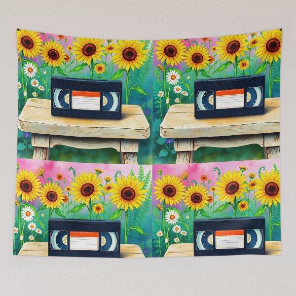 Item preview, Old VHS cassete placed outdoor on a wooden chair in summer with a sunflowers floral garden backdrop watercolor art designed and sold by EmeraldeaArt.