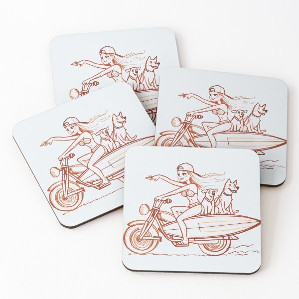 Item preview, Biker Girl with Surfboard Sidecar and Dogs – Retro Adventure Illustration designed and sold by Stickers by @molllyclare.