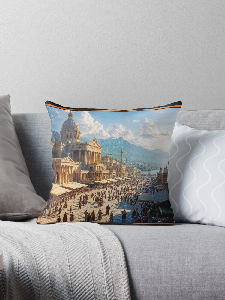 The Majestic Splendor of Trellus, A Classical Cityscape Of The Golden Age Captivating AI Concept Art by Xzendor7 Decorative Art Print Throw Pillow