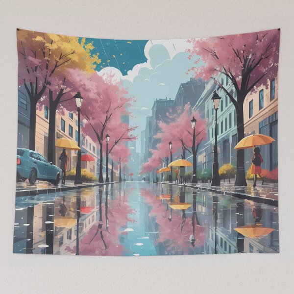 Item preview, Rainy Spring City – Reflections & Umbrellas in a Dreamy Urban Scene designed and sold by KateVil.