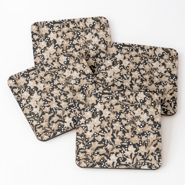 Item preview, Tan Monochrome Flower Field Spirals Dots on Black Half-Drop Repeat 5748 designed and sold by Art in My Loft.