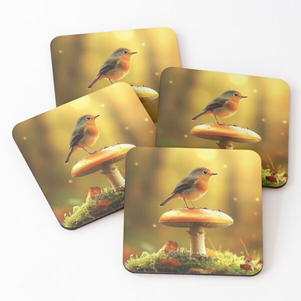 Item preview, Robin standing on Mushroom at sunlit forest - Nature photo designed and sold by TheArtistOf2022.
