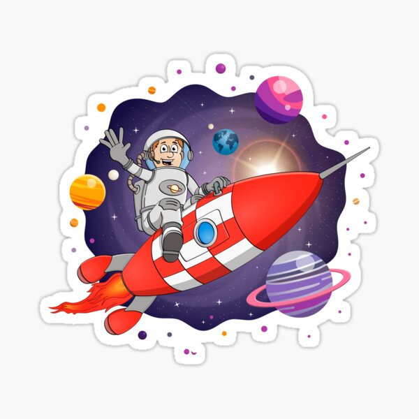 Vibrant Cartoon Space Explorer Illustration – A Bold Astronaut on a Red Rocket Sticker