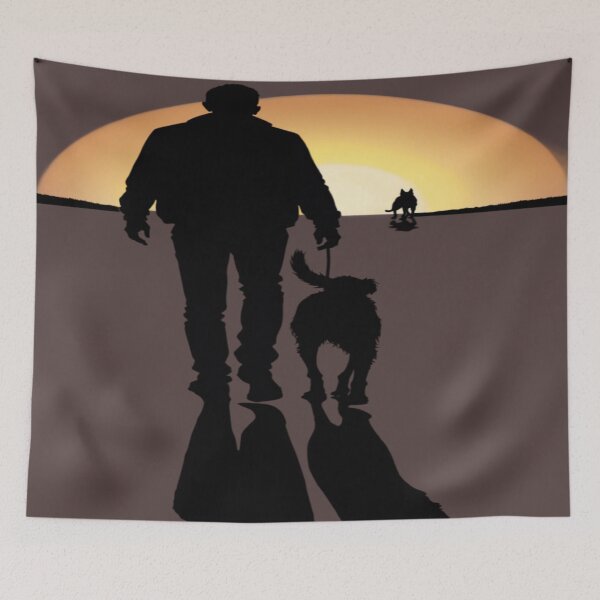 Item preview, Silhouette of a Man with a Dog Against the Sunset designed and sold by Marimurmurprint.