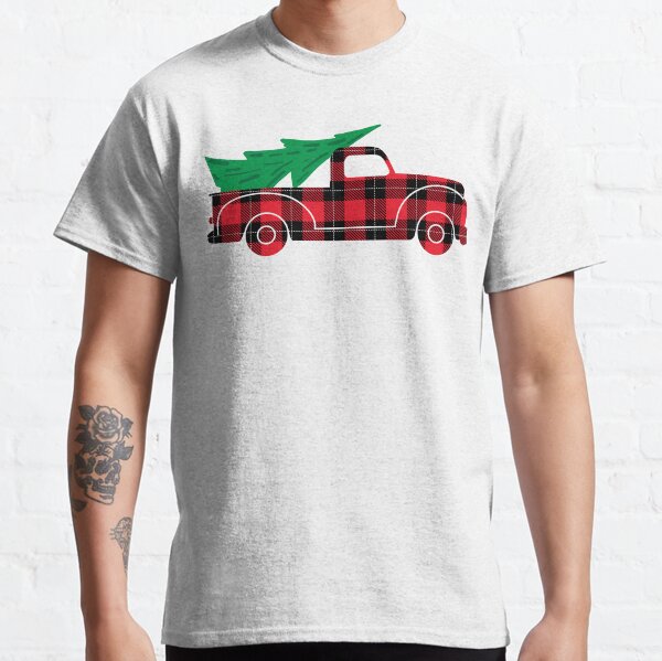 Item preview, Holiday design with old fashioned pick up truck carrying Christmas Tree in Red and black Plaid winter pattern designed and sold by Jdawnink.