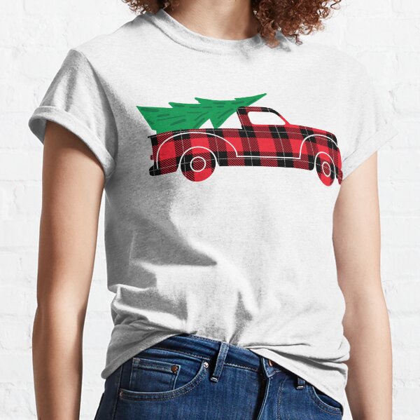 Artikel-Vorschau von Weihnachtsdesign mit altmodischem Pick-up-Truck, der einen Weihnachtsbaum im rot-schwarzen karierten Wintermuster transportiert, designt und verkauft von Jdawnink.